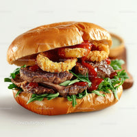 Gourmet Burger with Crispy Onion Rings and Arugula