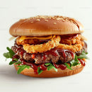 Gourmet Burger with Crispy Onion Rings and Arugula
