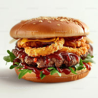 Gourmet Burger with Crispy Onion Rings and Arugula