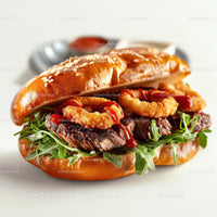Gourmet Burger with Crispy Onion Rings and Arugula