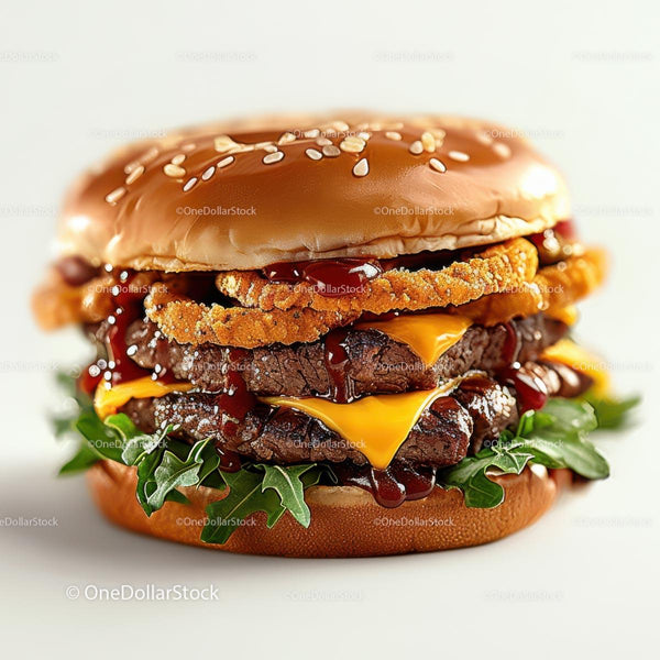 Gourmet Double Cheeseburger with Onion Rings and Barbecue Sauce