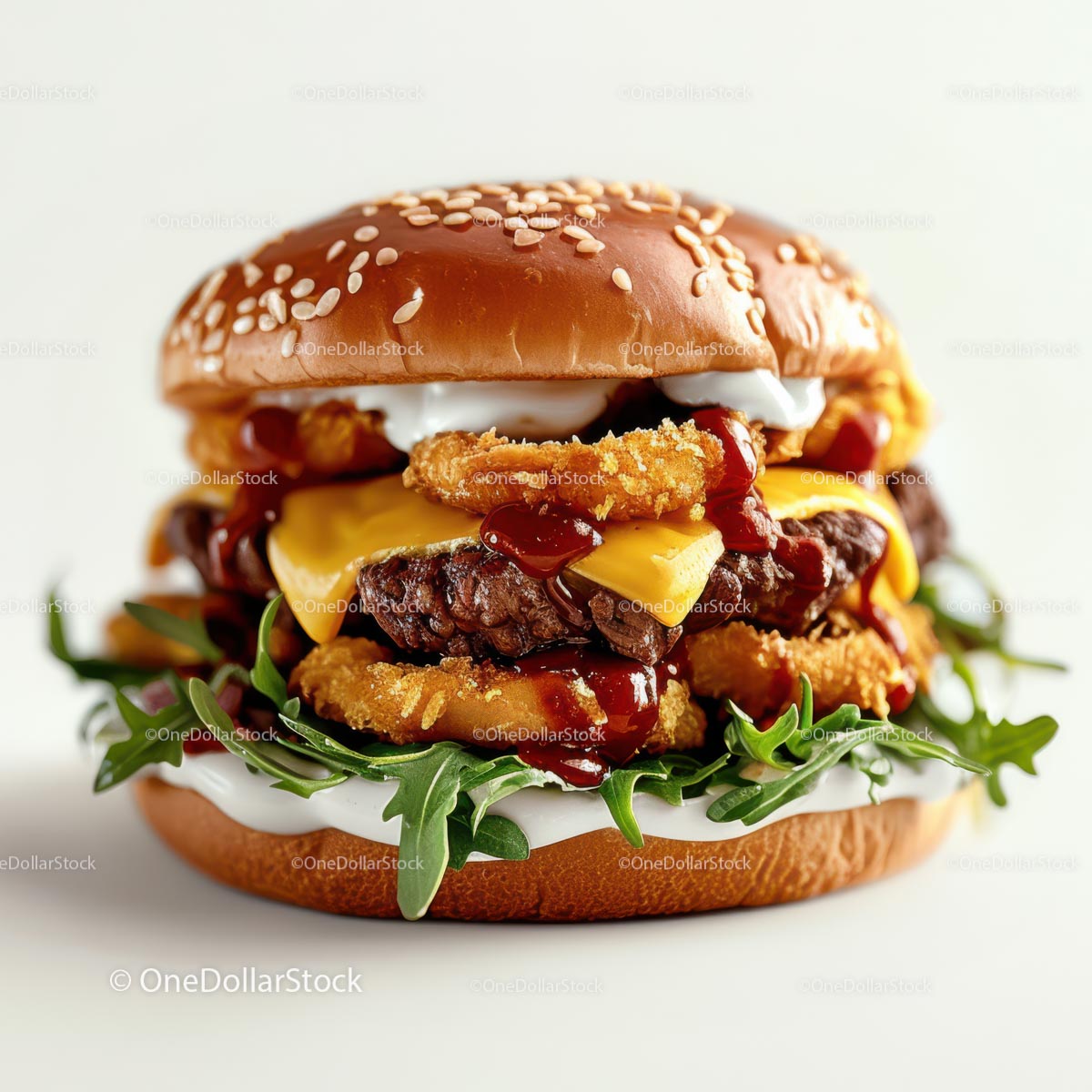 Gourmet Double Patty Burger with Arugula and Onion Rings