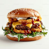 Gourmet Double Patty Burger with Arugula and Onion Rings