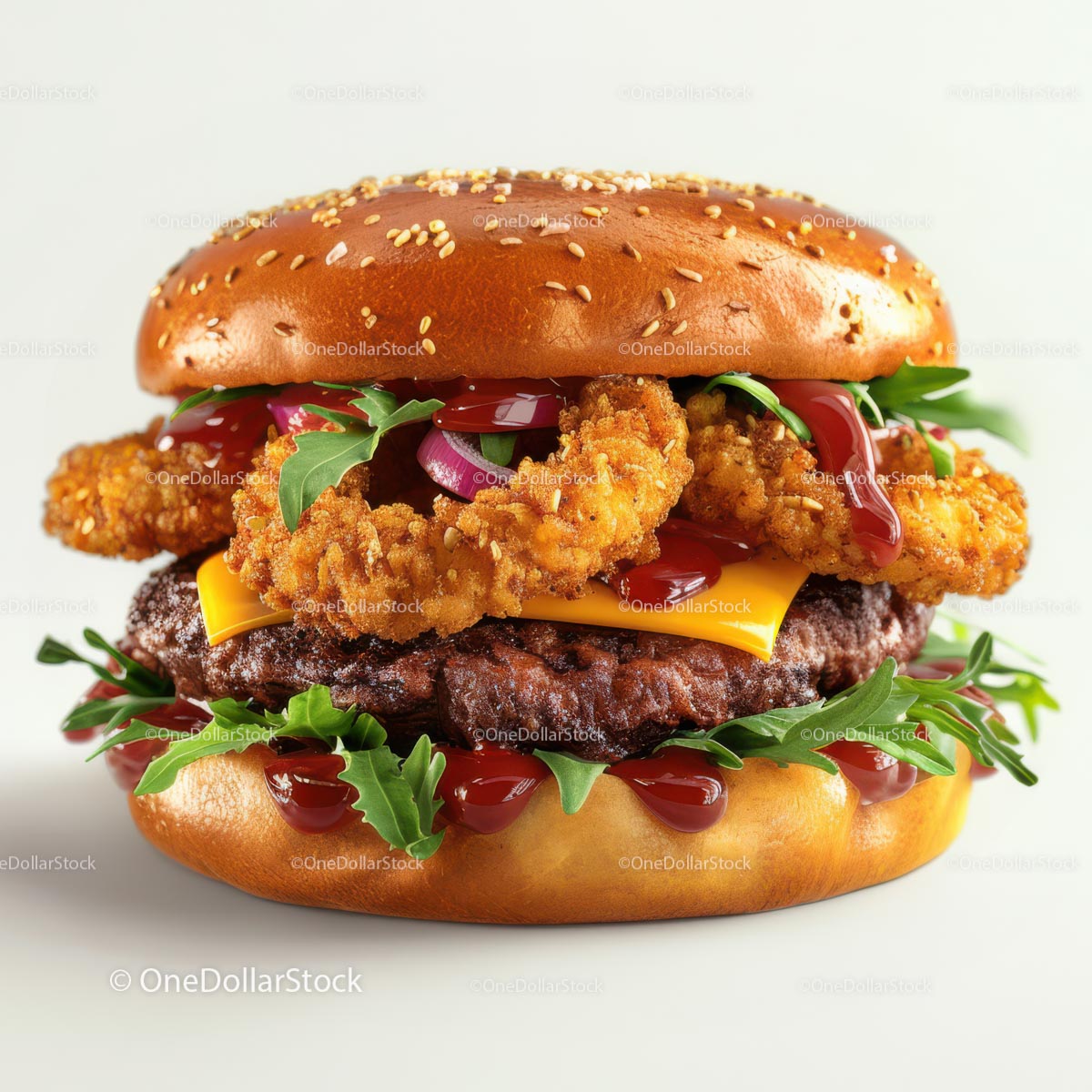 Gourmet Burger with Crispy Onion Rings and Arugula