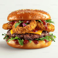 Gourmet Burger with Crispy Onion Rings and Arugula
