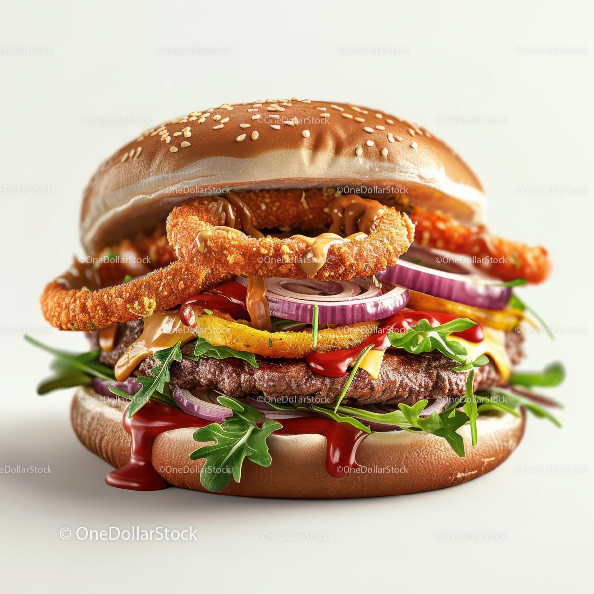 Gourmet Beef Burger with Onion Rings and Fresh Lettuce