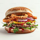 Gourmet Beef Burger with Onion Rings and Fresh Lettuce