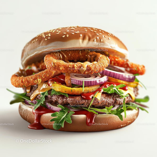 Gourmet Beef Burger with Onion Rings and Fresh Lettuce