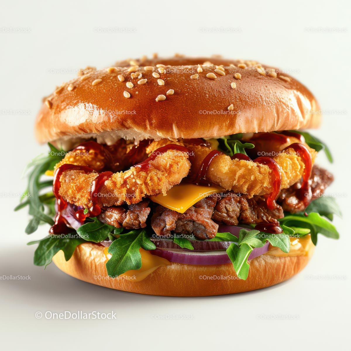 Burger gourmet z chrupiącymi krążkami cebulowymi i świeżą rukolą