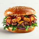 Gourmet Burger with Crispy Onion Rings and Fresh Arugula