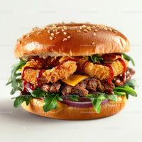Gourmet Burger with Crispy Onion Rings and Fresh Arugula