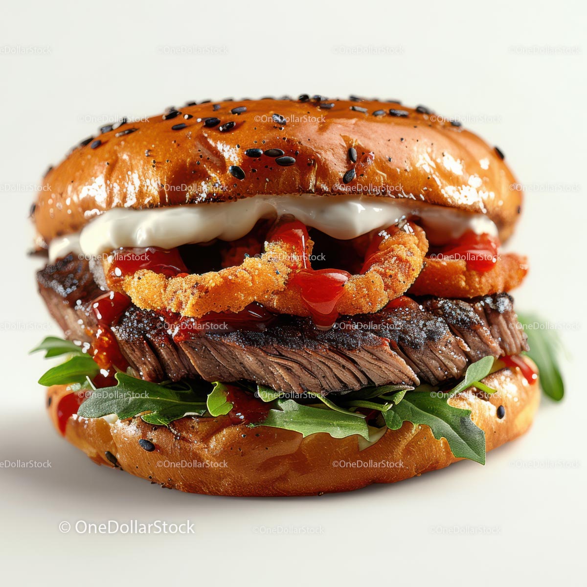 Gourmet Burger with Steak and Onion Rings