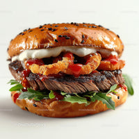 Gourmet Burger with Steak and Onion Rings