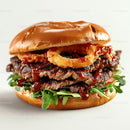 Juicy Steak Burger with Onion Rings and Arugula