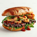 Gourmet Burger with Crispy Onion Rings and Arugula