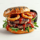 Gourmet Steak Burger with Onion Rings and Arugula