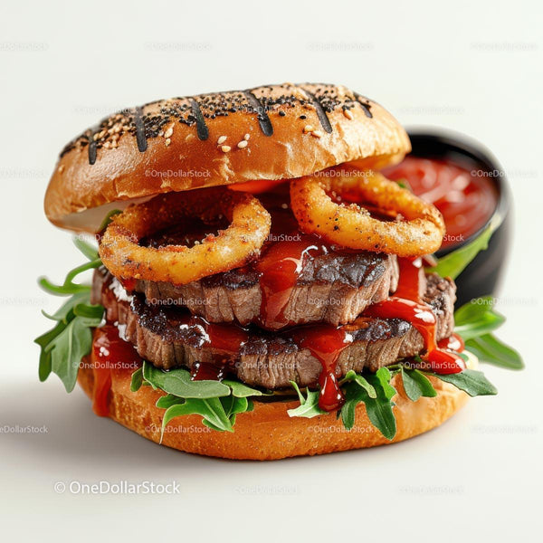 Gourmet Steak Burger with Onion Rings and Arugula Stock Photo Bundle (18 JPG Files)