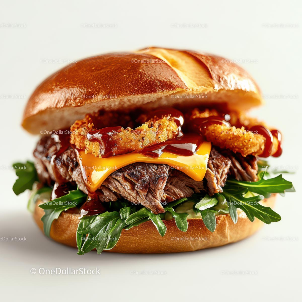 Gourmet Steak Burger with Onion Rings and Arugula
