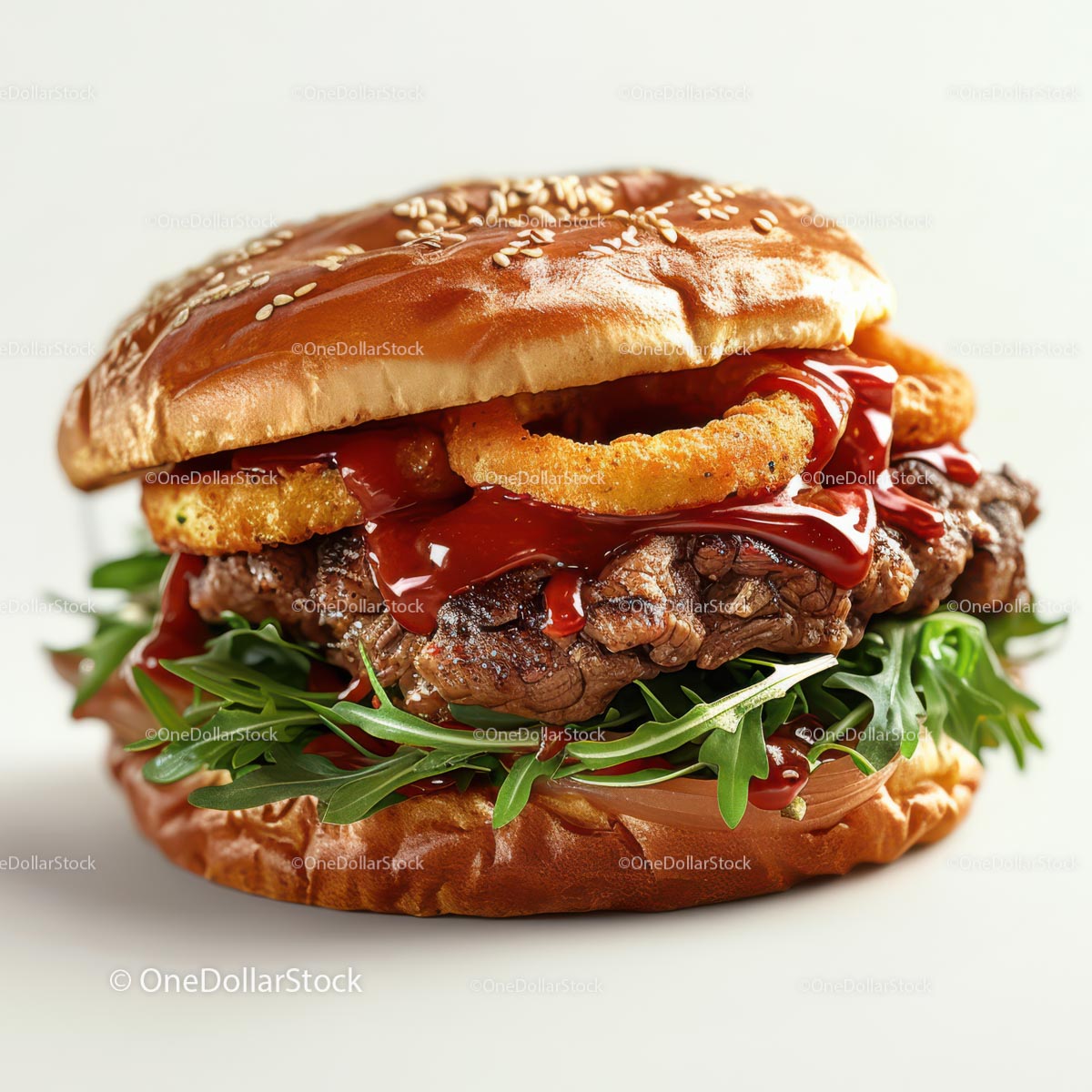 Gourmet Burger with Arugula and Onion Rings