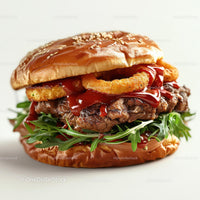 Gourmet Burger with Arugula and Onion Rings