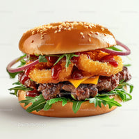 Gourmet Burger with Crispy Onion Rings and Arugula