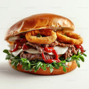 Gourmet Burger with Arugula and Onion Rings