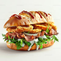 Gourmet Steak Burger with Onion Rings and Arugula