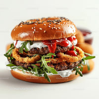 Gourmet Burger with Arugula and Onion Rings