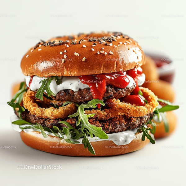 Gourmet Burger with Arugula and Onion Rings