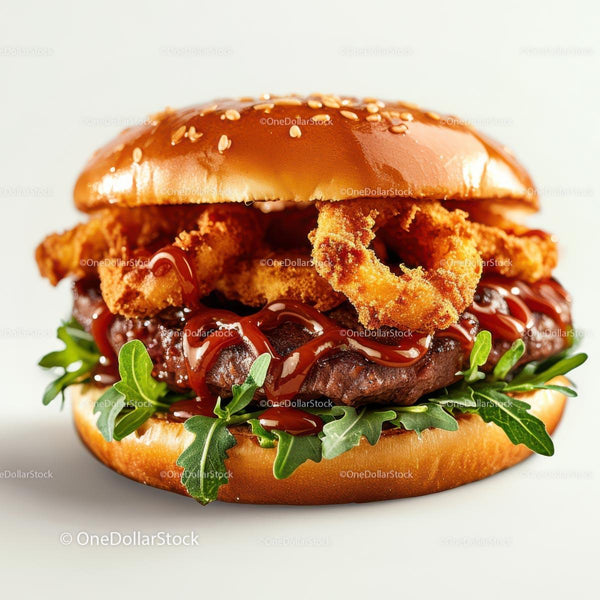 Gourmet Burger with Onion Rings and Arugula