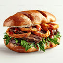 Gourmet Steak Burger with Onion Rings and Arugula