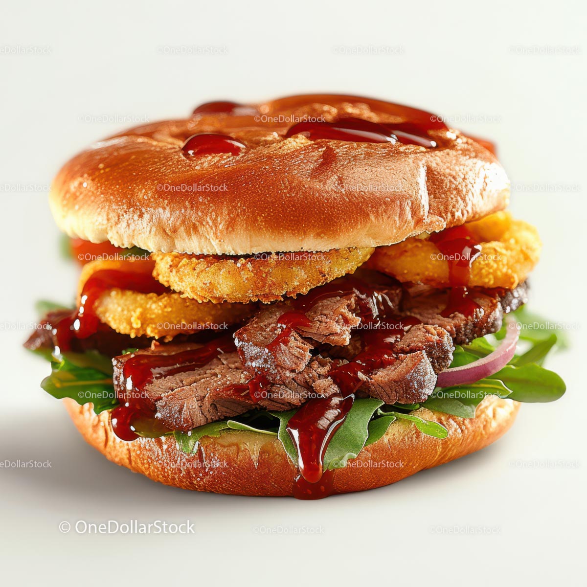 Gourmet Burger with Beef and Onion Rings