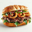 Gourmet Steak Burger with Onion Rings and Arugula