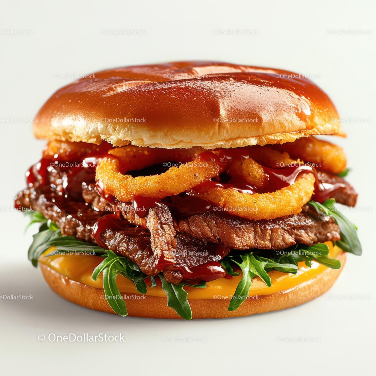 Gourmet Burger with Onion Rings and Arugula