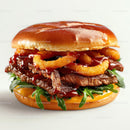 Gourmet Burger with Onion Rings and Arugula