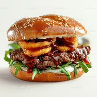 Gourmet Burger with Onion Rings and BBQ Sauce