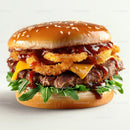 Gourmet Burger with Onion Rings and BBQ Sauce