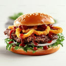 Gourmet Steak Burger with Onion Rings and Arugula