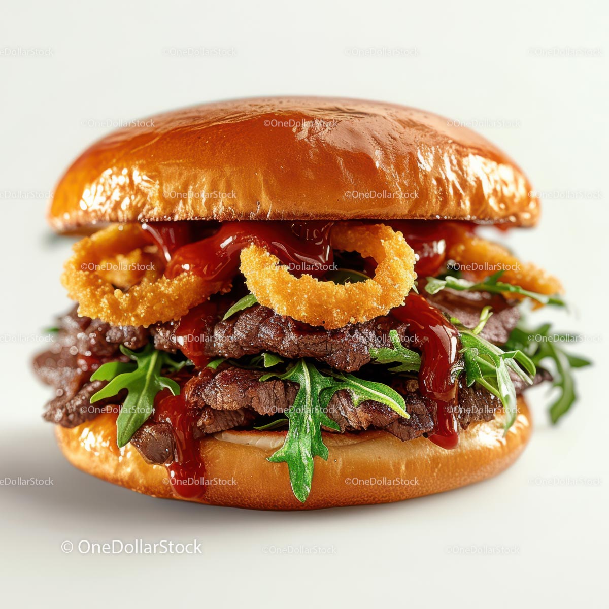 Rozpływający się w ustach burger gourmet z krążkami cebulowymi i rukolą