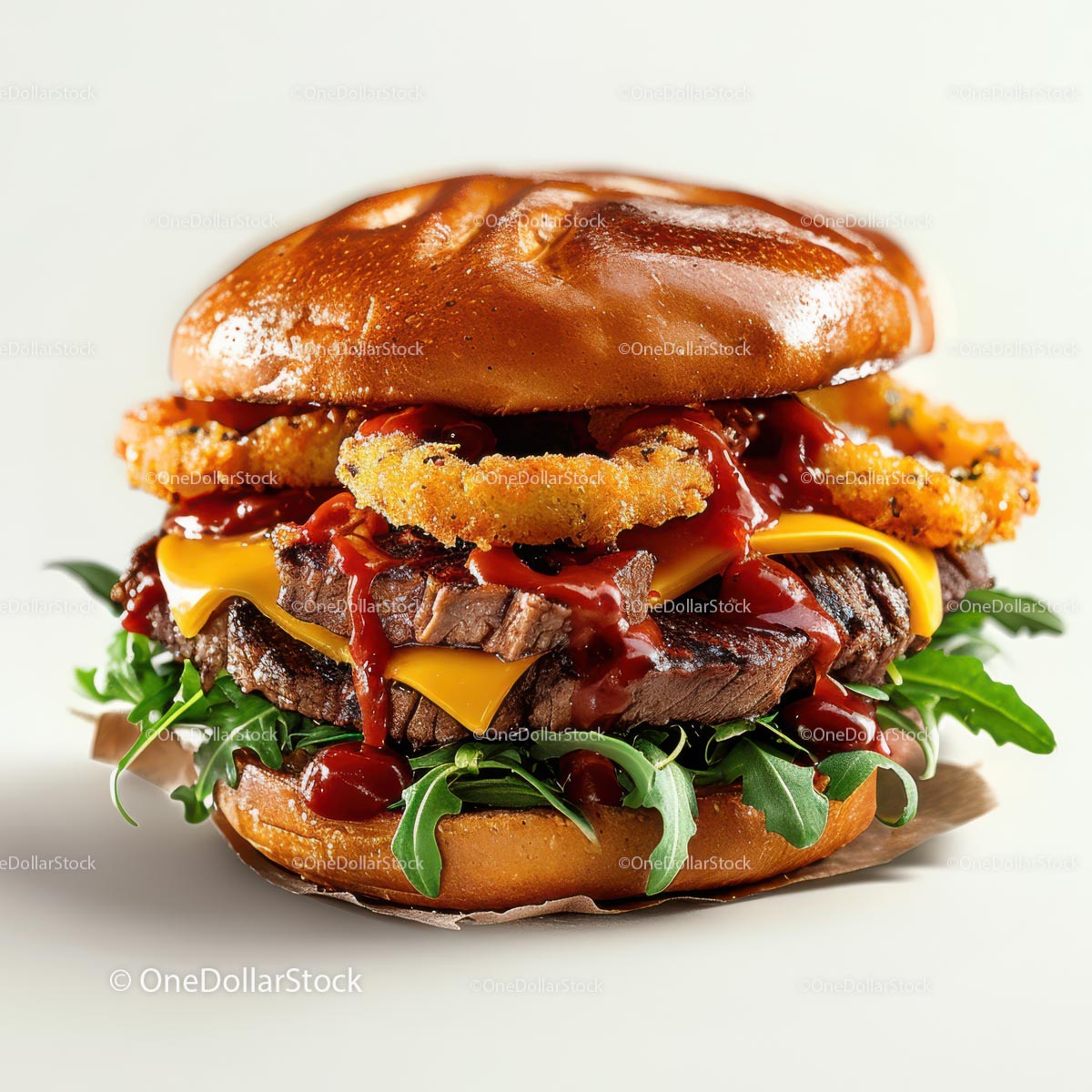Burger gourmet z serem cheddar i krążkami cebulowymi