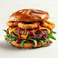 Gourmet Burger with Cheddar and Onion Rings