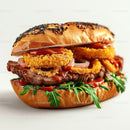 Gourmet Steak Burger with Onion Rings and Arugula