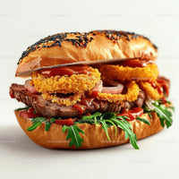Gourmet Steak Burger with Onion Rings and Arugula