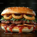 Gourmet Burger with Onion Rings and Arugula