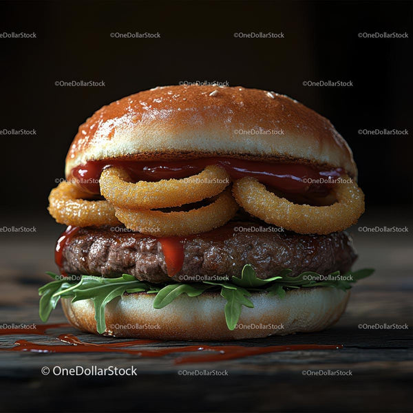 Gourmet Burger with Onion Rings and Fresh Arugula