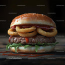 Gourmet Burger with Onion Rings and Arugula