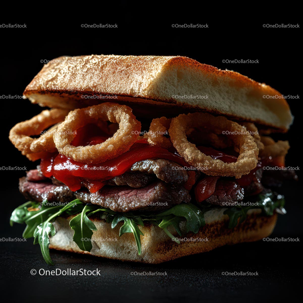 Gourmet Burger with Onion Rings and Arugula