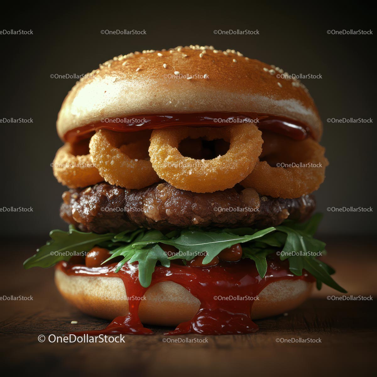 Gourmet Beef Burger with Onion Rings and Arugula