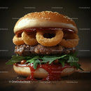 Gourmet Burger with Onion Rings and Arugula