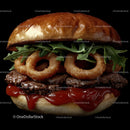 Juicy Gourmet Burger with Onion Rings and Arugula